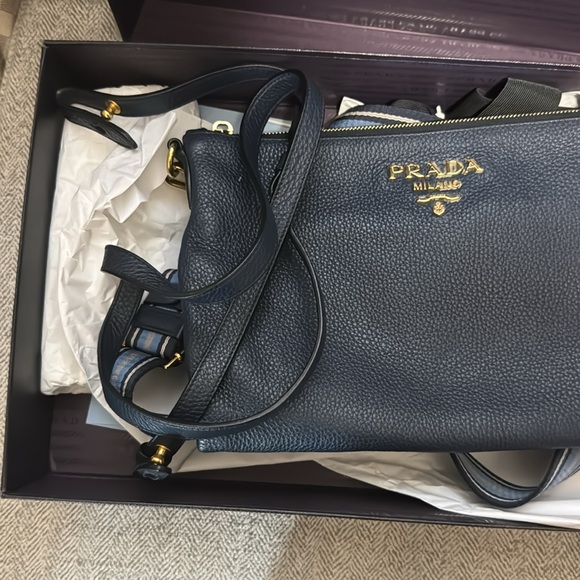 Prada Baltico Blue Vitello Phenix Double Zip Leather Crossbody,Color: Blue/Gold. - Picture 3 of 8